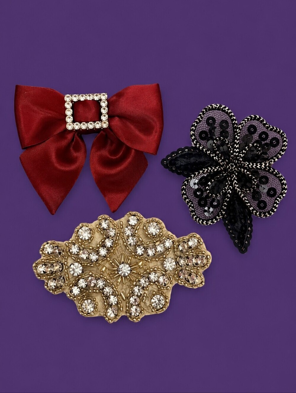 HANDMADE Formal Satin Bow Floral Sequin Hair Clips